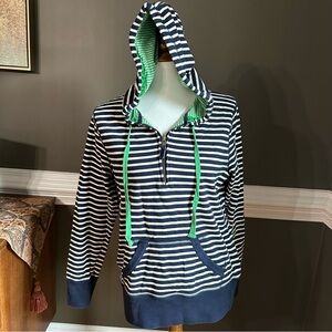 Boden Navy and White Striped Hoodie with Green Accents